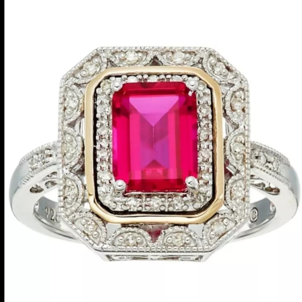 2.65 CT Ruby & CZ Double halo two tone Engagement Ring in 925 Sterling Silver
